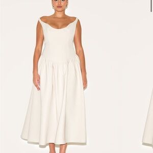 Pretty Little Thing PLUS CREAM WOVEN DIPPED BARDOT RUCHED MIDAXI DRESS